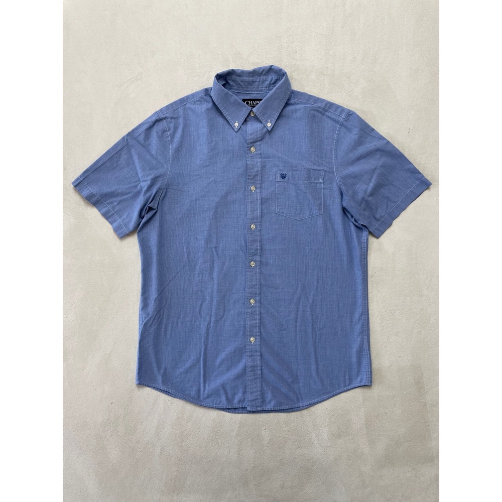 Chaps Mens Blue Easy Care Short Sleeve Button Down Shirt Size M Micro Check